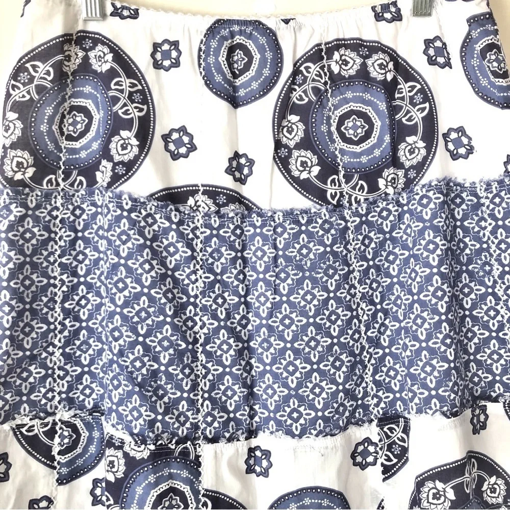 Eddie Bauer Y2K Blue White Paisley Tiered Maxi Skirt 100% Cotton Lined 10 Petite